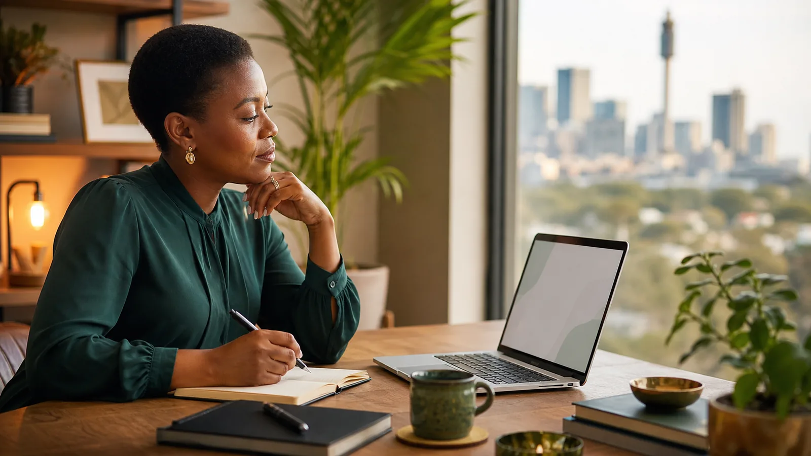 Professional choosing a life coach online from a calm Johannesburg workspace