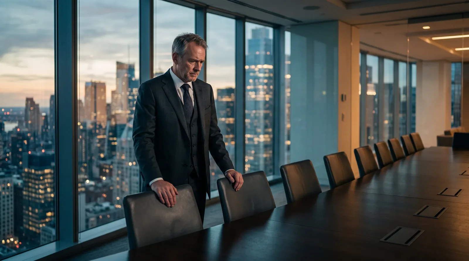 A senior executive standing alone at the head of an empty boardroom table, weighed down rather than confident