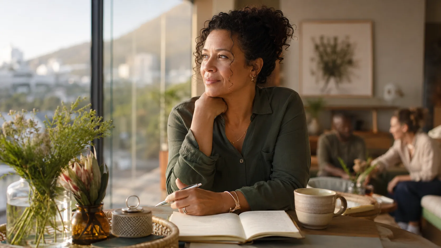 A serene professional reflecting after recovering from chronic corporate stress and finding fresh career alignment
