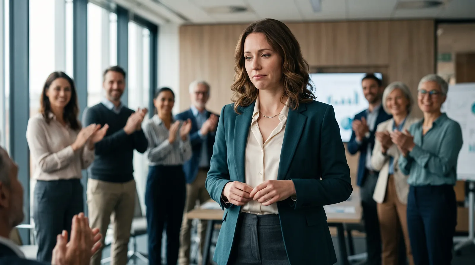 A high-performing professional being congratulated by colleagues but looking uneasy rather than proud
