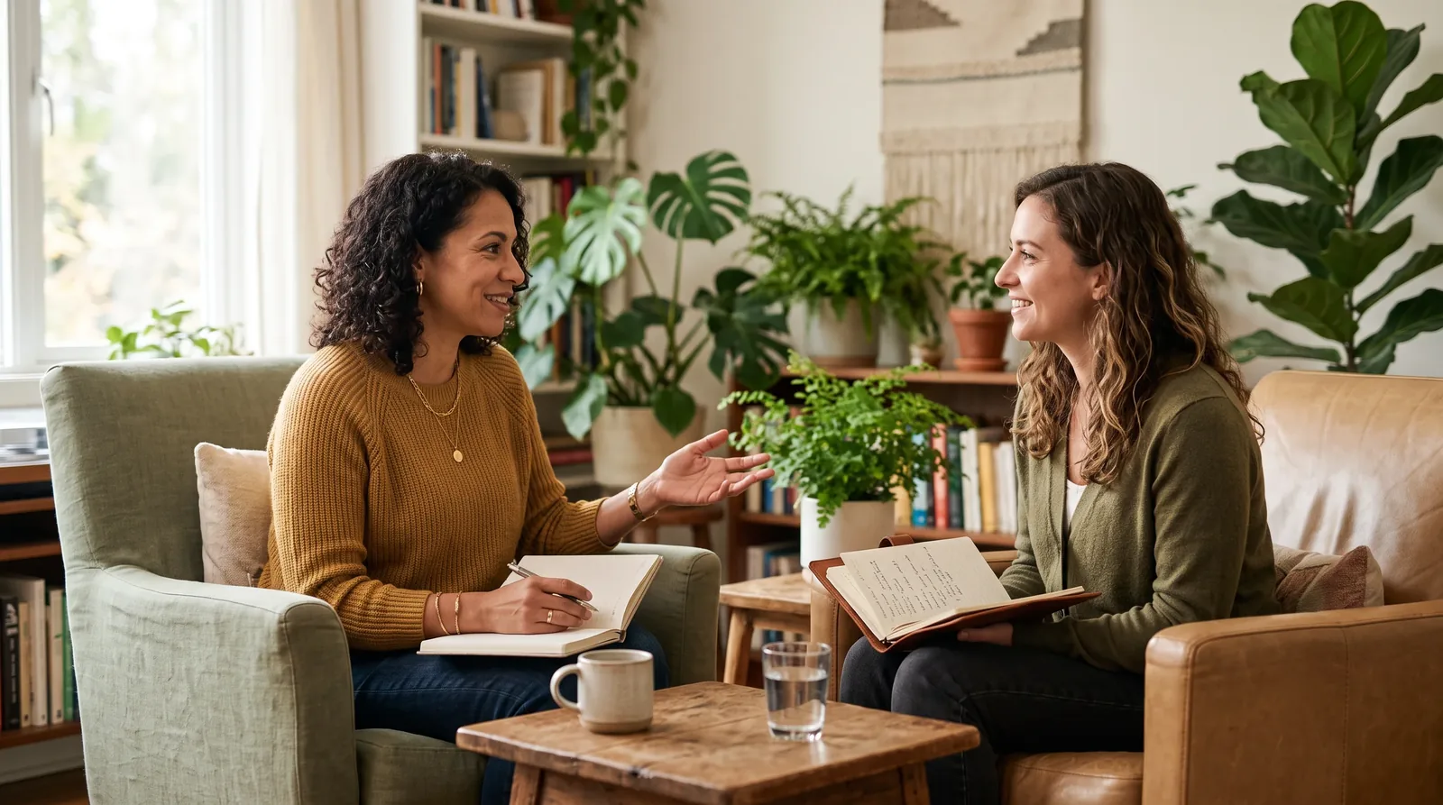 A warm coaching conversation between two people in a calm, softly lit setting