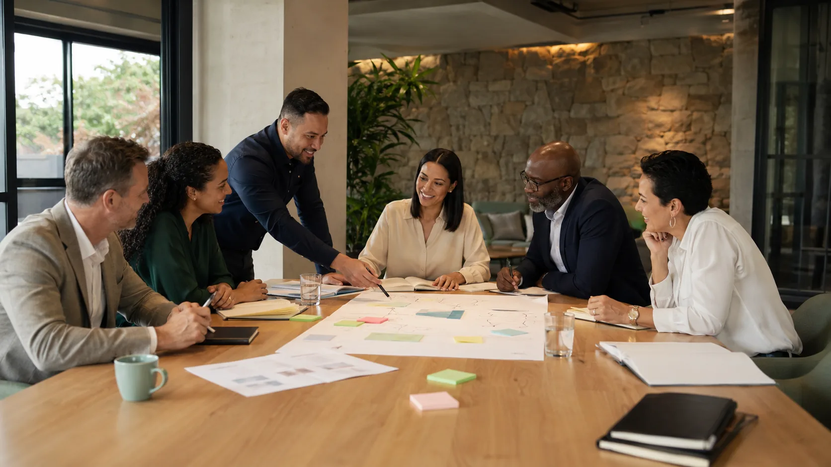 A diverse corporate team collaborating effectively around a boardroom table in a high-performing South African organization