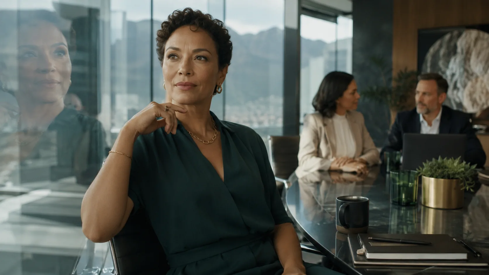An executive sitting at a boardroom table, reflecting on their achievements and stepping into their authentic authority