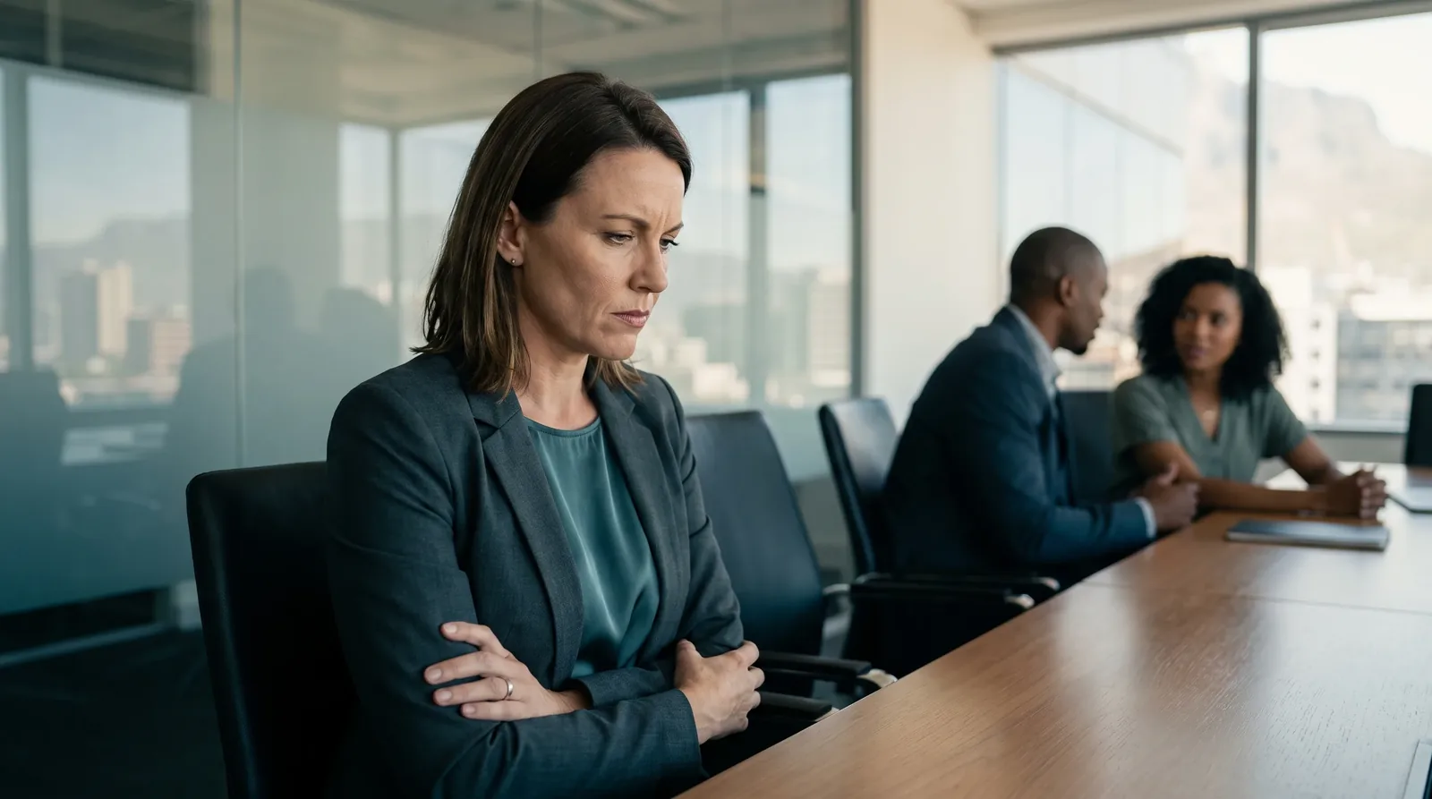 A professional sitting apart from colleagues at a boardroom table, visibly guarded and excluded