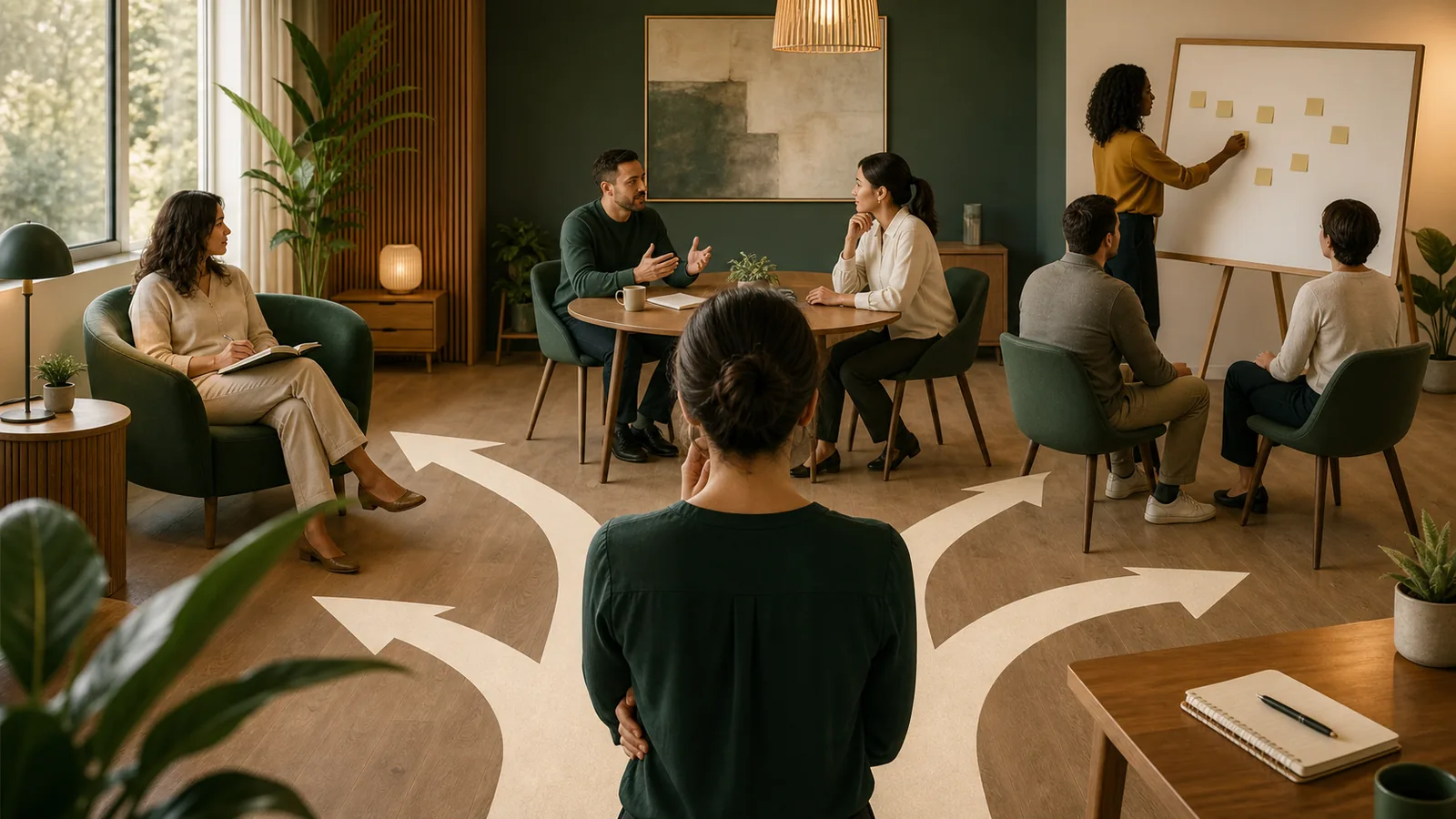 Different support routes shown in a calm coaching and facilitation space