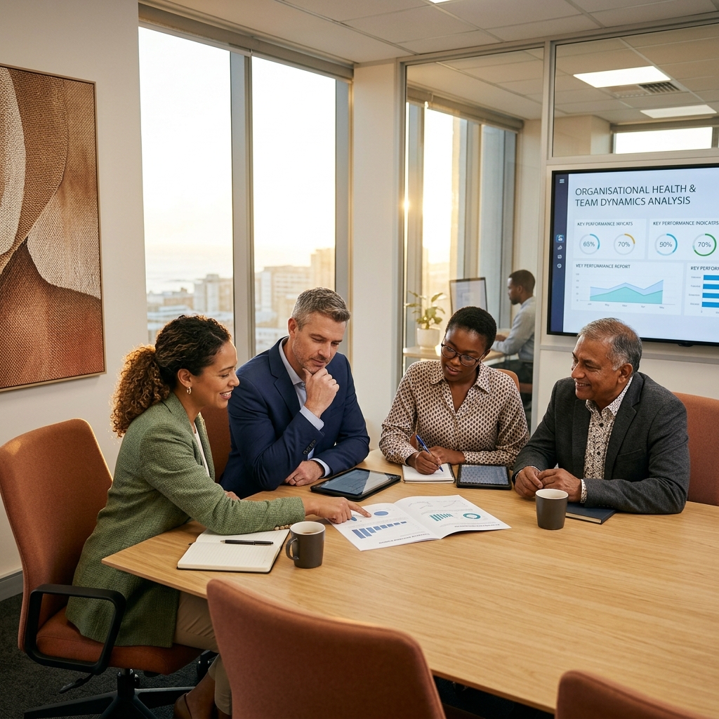 A diverse team analyzing a strategic business report measuring organisational health