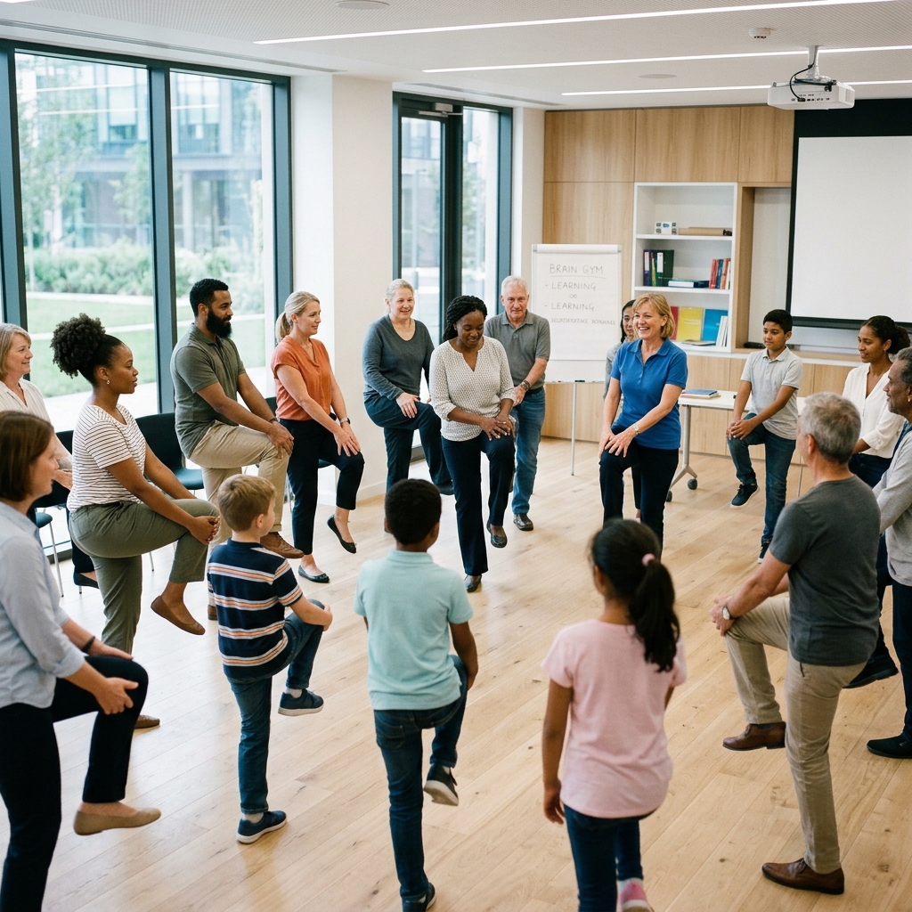 Diverse group of children and adults showing their right hand touching their left knee while doing Brain Gym cross-crawl movements in a bright learning studio