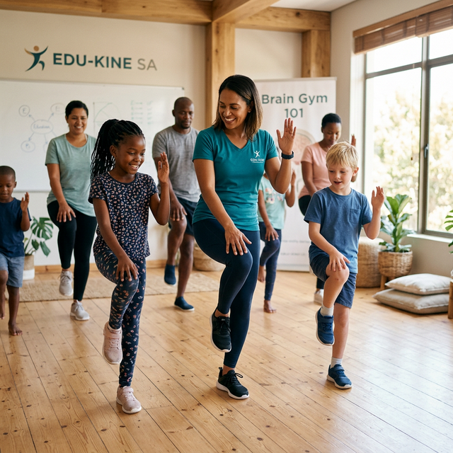 Diverse group doing Brain Gym cross-crawl movements in a global learning studio