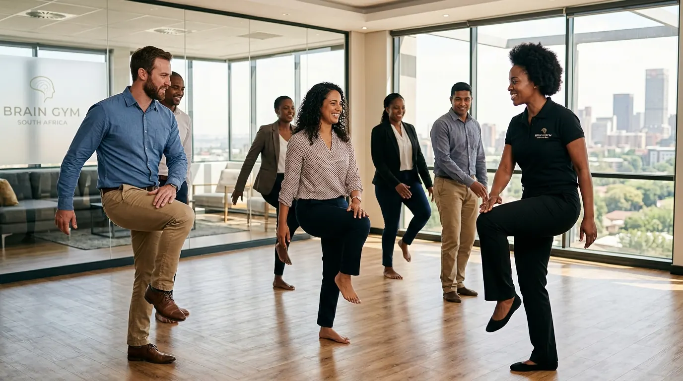 Diverse group doing Brain Gym cross-crawl movements in a global learning studio