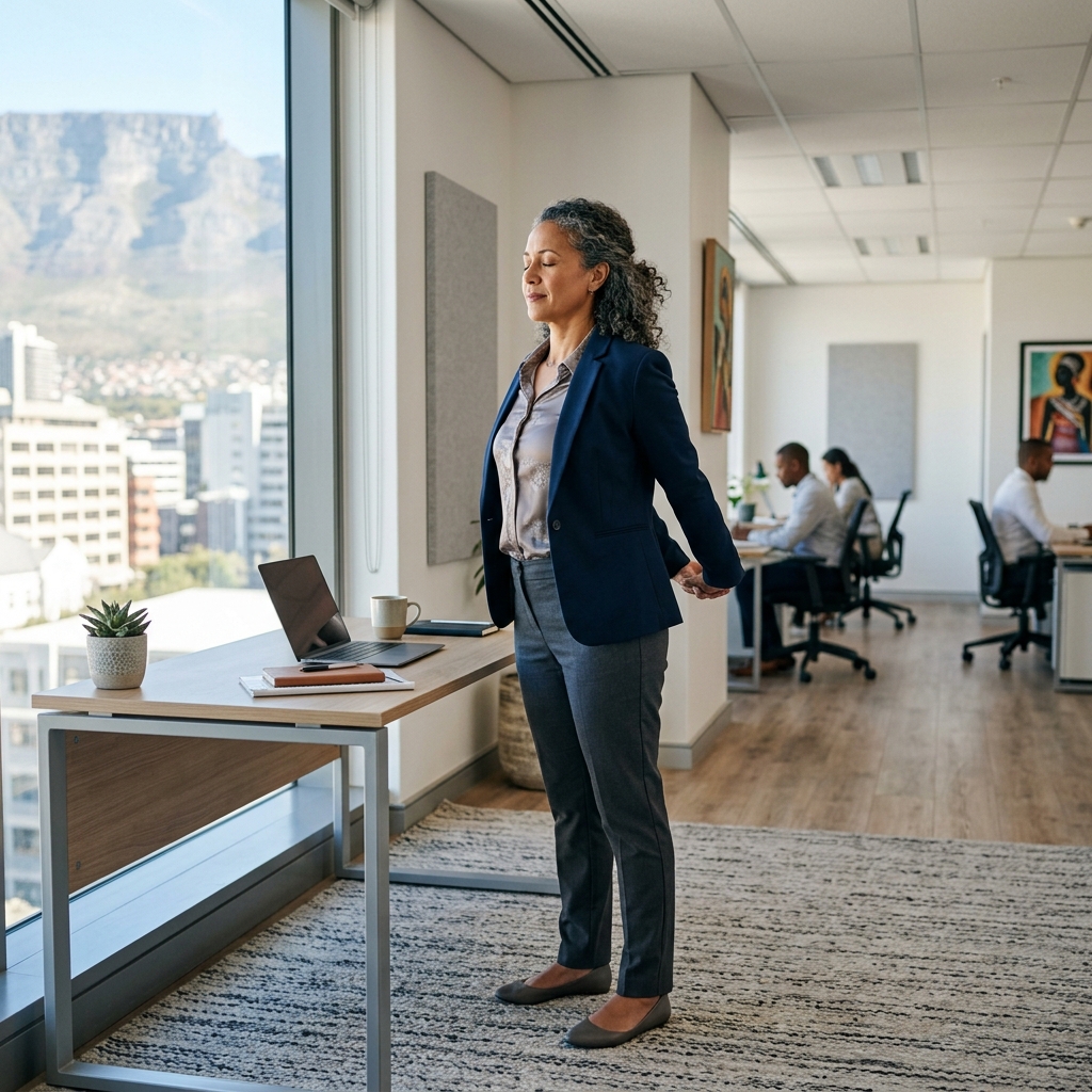 A professional engaging in a mindful physical stretch in a corporate office, connecting their body and mind.