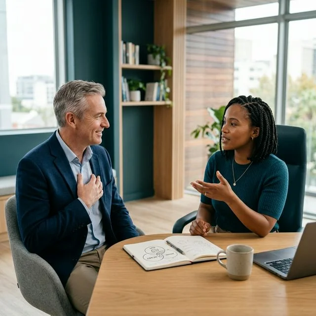 A photorealistic corporate coaching scene representing head, heart, and gut intelligence in decision making