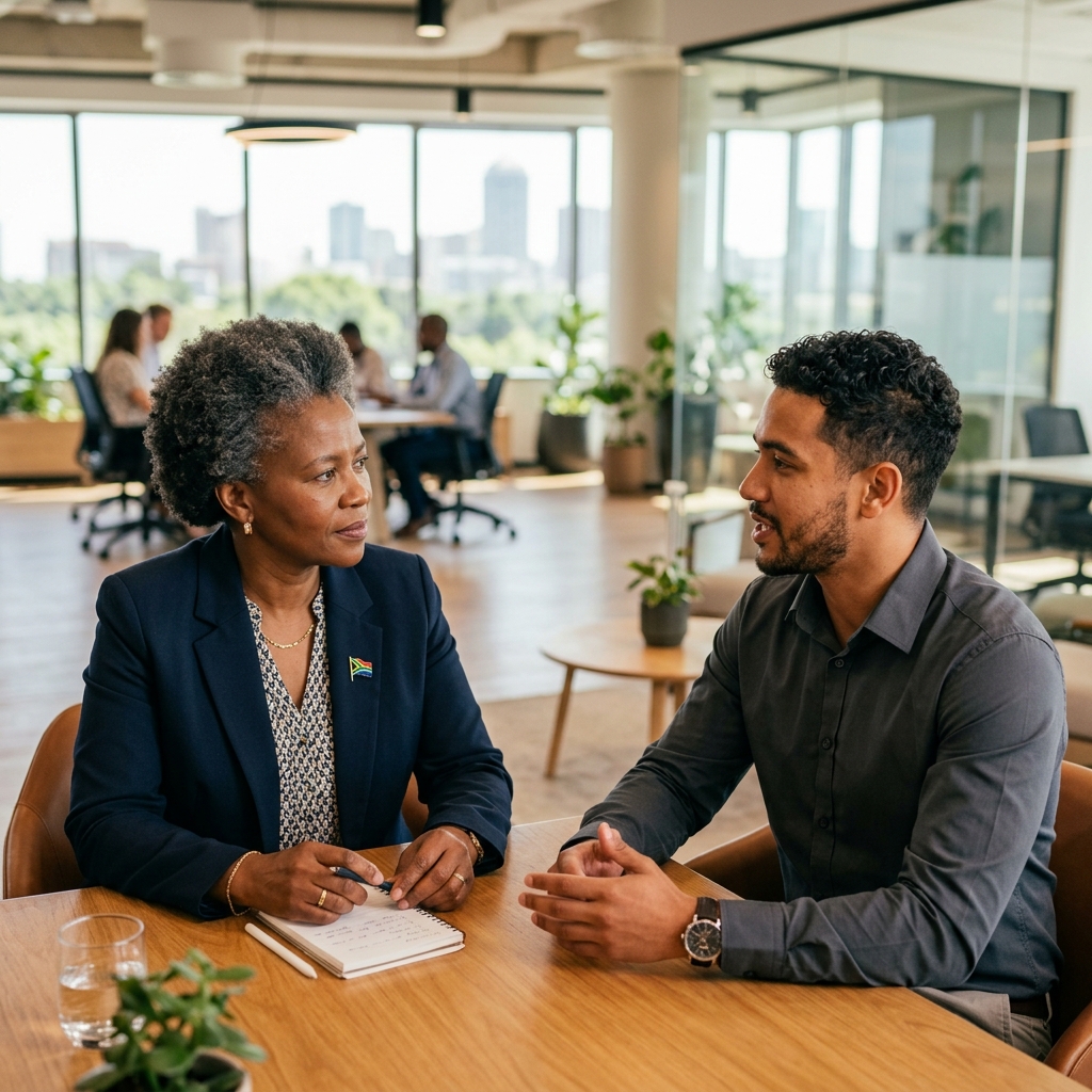 A diverse South African C-suite executive engaging calmly and empathetically with a colleague in a modern corporate office, representing head, heart, and gut alignment.