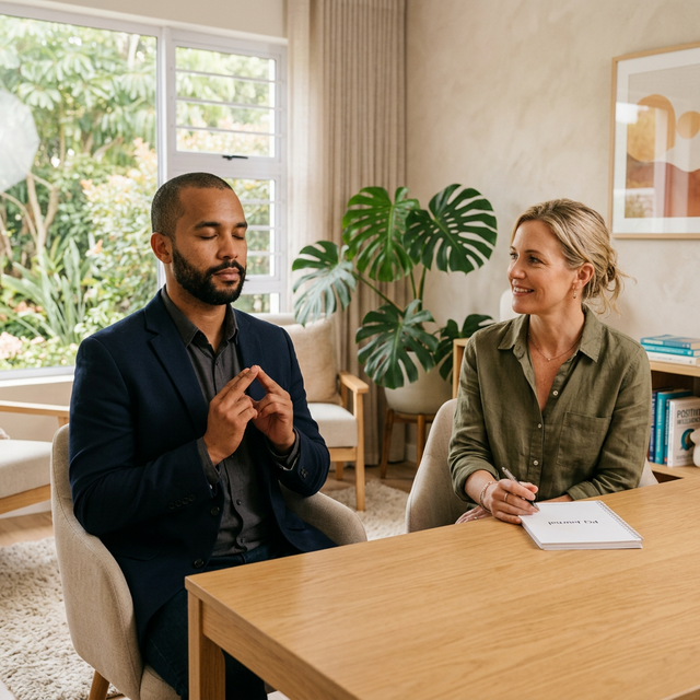 Two global professionals in a calm Positive Intelligence coaching session