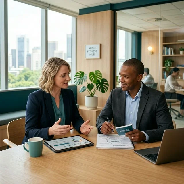 Two global professionals in a calm, mindful Positive Intelligence coaching session