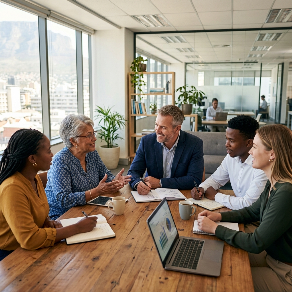 A diverse group of South African professionals engaging in a calm, focused coaching session in a modern corporate office, representing mental fitness.