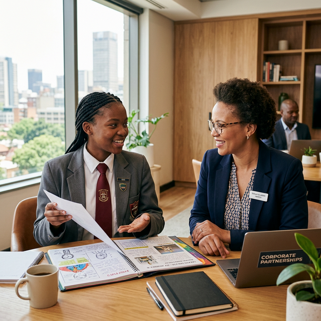 A global high school learner confidently presenting a portfolio to a supportive mentor