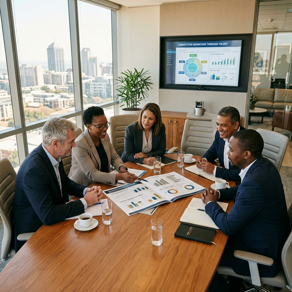 A diverse group of South African C-suite executives analyzing a strategic boardroom report together, measuring organisational health.