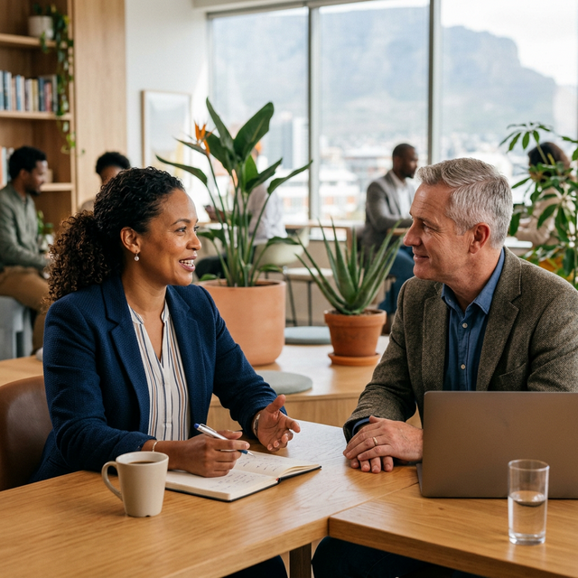 Two diverse professionals having a deep conversation in an office