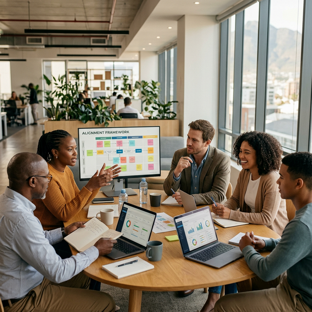 A diverse team of South African professionals collaborating around a bright, modern meeting table, representing team alignment.